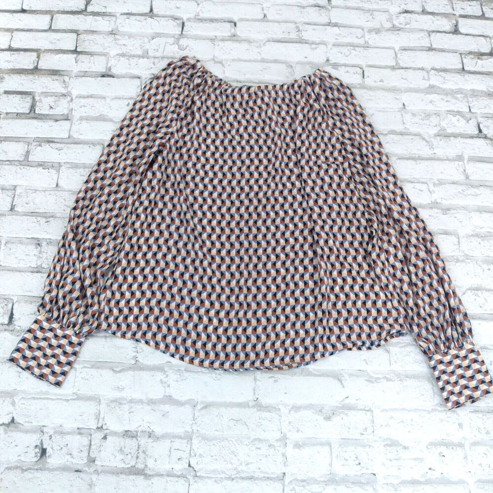 Worthington Blouse Womens Medium Brown Blue Geometric Long Sleeve Tie Retro Mod